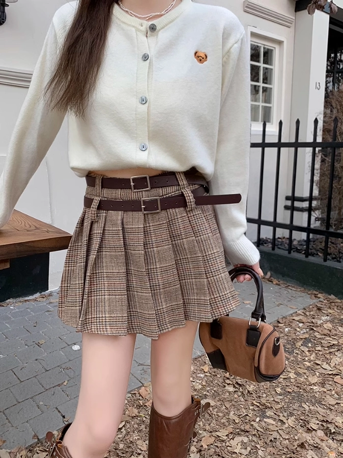 Brown Plaid Pleated Skirt With Double Belt Slots | Wendy