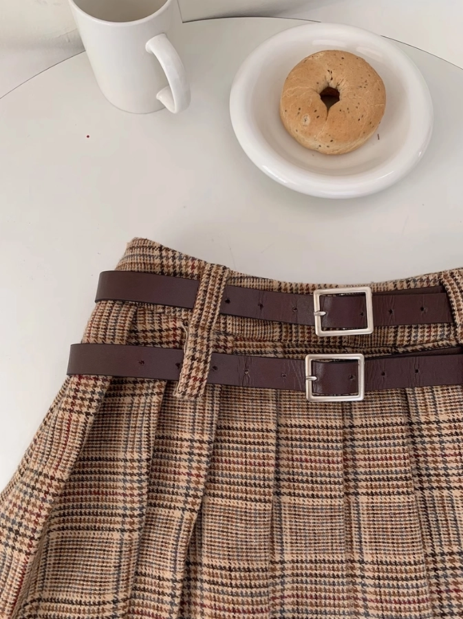 Brown Plaid Pleated Skirt With Double Belt Slots | Wendy