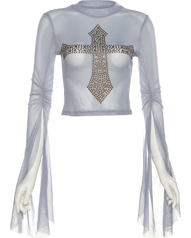 Blue Beaded Cross Mesh Top | Hanni - NewJeans - Fashion Chingu