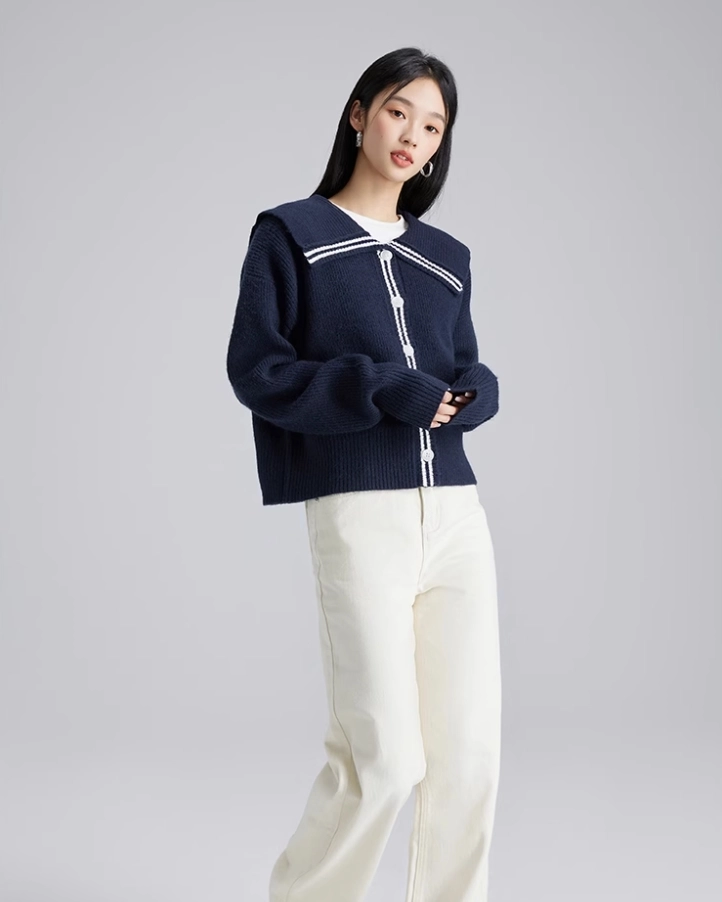 Navy Blue Lined Collared Cardigan | Rose - BlackPink - Fashion Chingu
