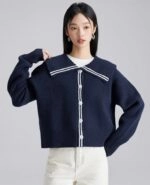 Navy Blue Lined Collared Cardigan | Rose - BlackPink - Fashion Chingu