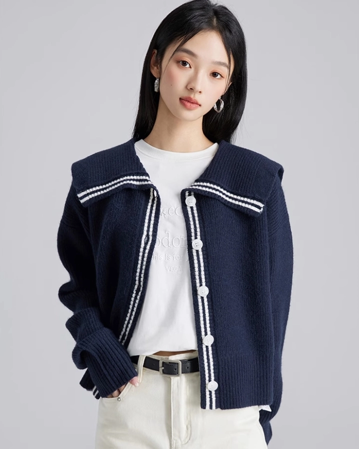 Navy Blue Lined Collared Cardigan | Rose - BlackPink - Fashion Chingu