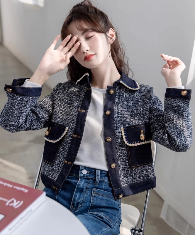 【DEARMINE】Cheek Domingo Denim Jacket Blue Collared Tweed Denim Jacket - Fashion Chingu