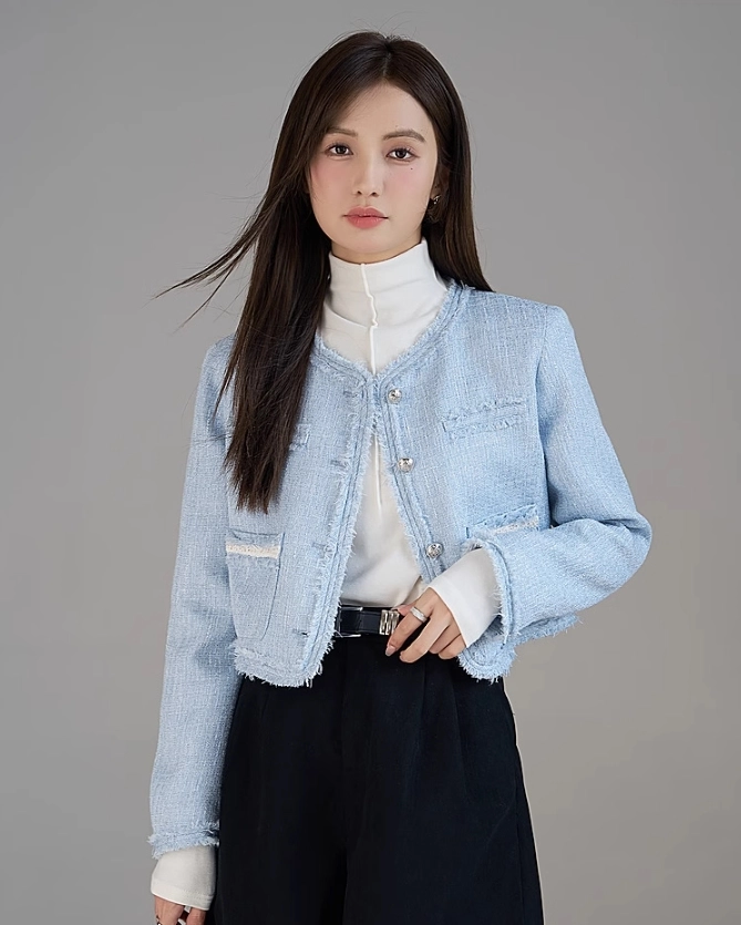 Blue Fringe Tweed Cropped Jacket - Fashion Chingu