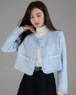 ★ETMON★ Fringe Detail Tweed Jacket Sky Blue JK140SSS31 MUSINSA | ETMON Fringe Detail Tweed Jacket, Sky Blue