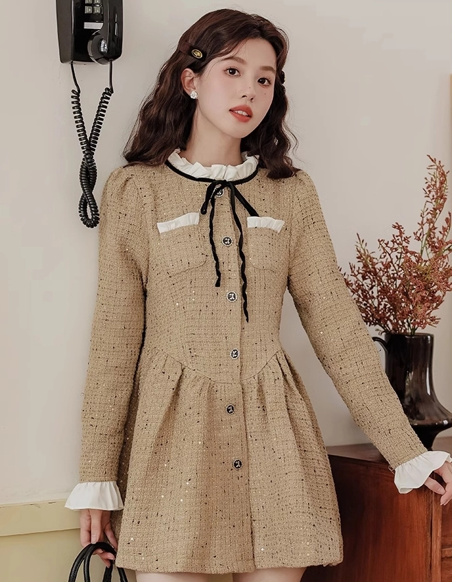 Brown Tweed Button Up Dress - Fashion Chingu