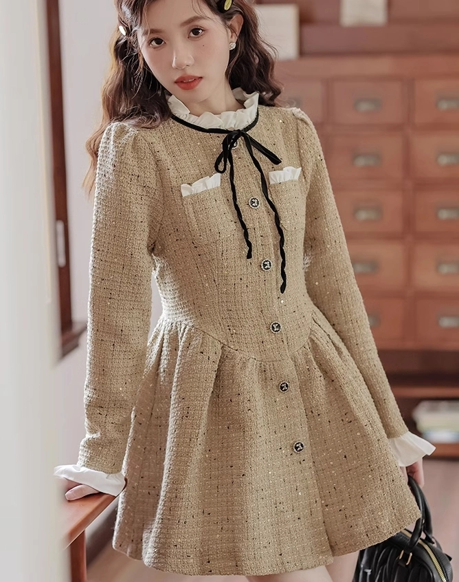 Brown Tweed Button Up Dress - Fashion Chingu
