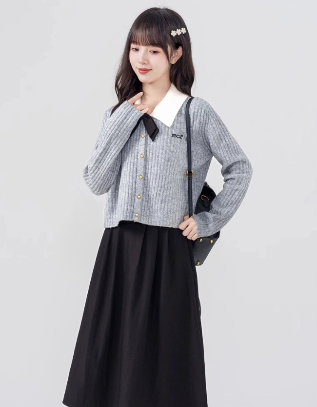Grey Button-Up Bow Collar Cardigan - Fashion Chingu