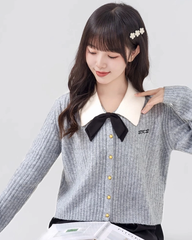 Grey Button-Up Bow Collar Cardigan - Fashion Chingu