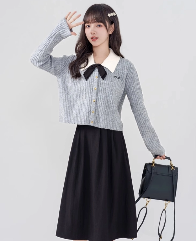 Grey Button-Up Bow Collar Cardigan - Fashion Chingu
