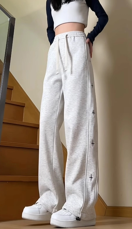 Grey Cross Embroidered Sweatpants - Fashion Chingu
