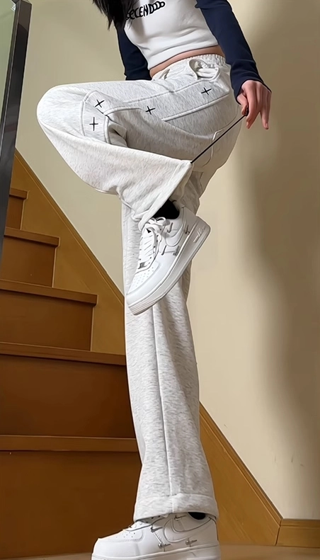 Grey Cross Embroidered Sweatpants - Fashion Chingu