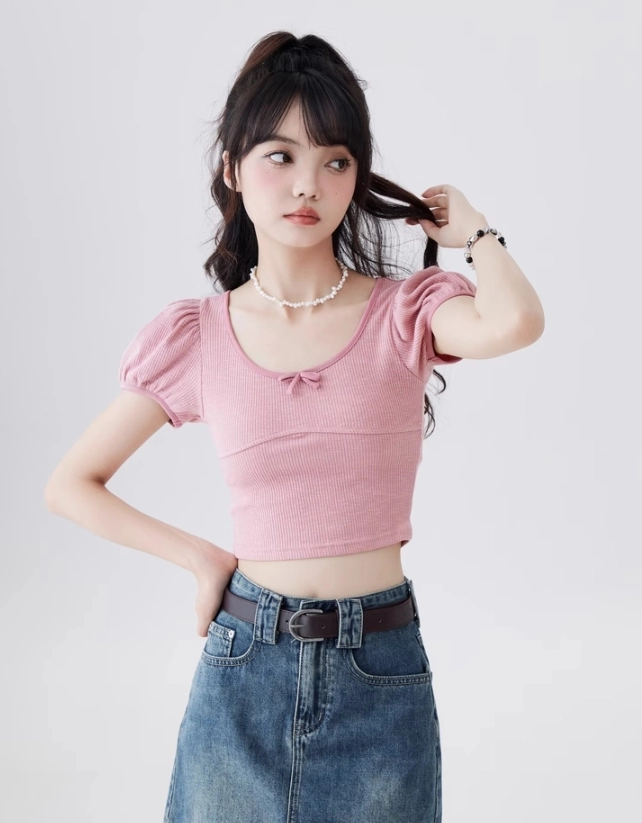 Pink Puff Sleeve Ribbon Crop T-Shirt - Fashion Chingu