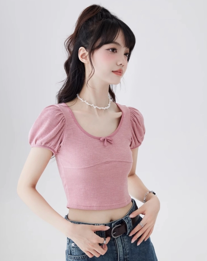 RONRON★人気★RUFFLE HEART CUT OUT PUFF SLEEVE HALF T SHIRT RUFFLE HEART CUT OUT PUFF SLEEVE HALF T SHIRT WHITE - 감도