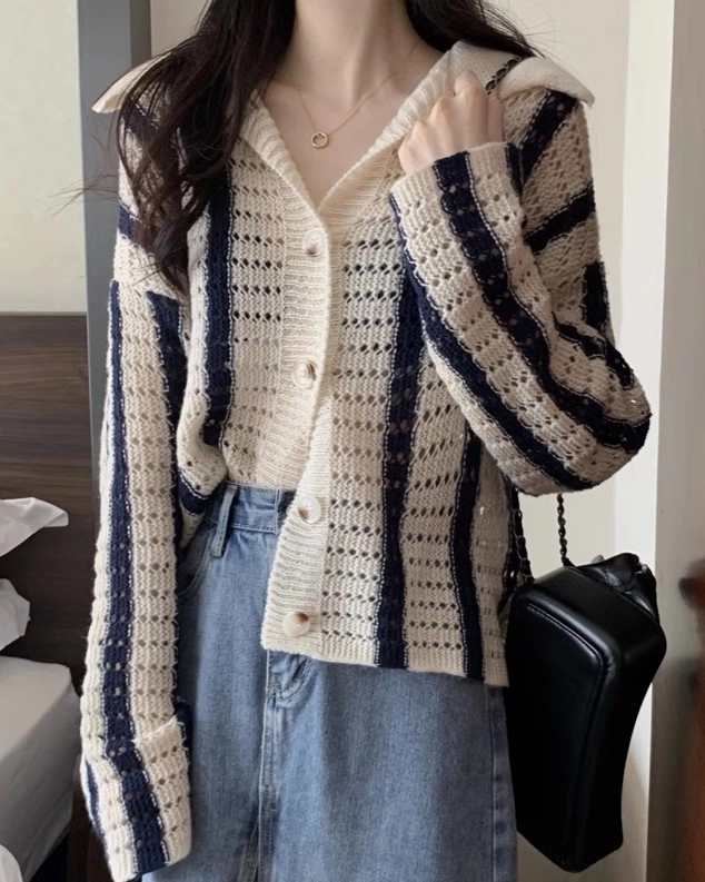 極美品 2024SS ナゴンスタンス knit college cardigan White And Blue Striped Hollow Knot Collared Cardigan