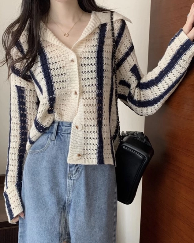 White And Blue Striped Hollow Knot Collared Cardigan