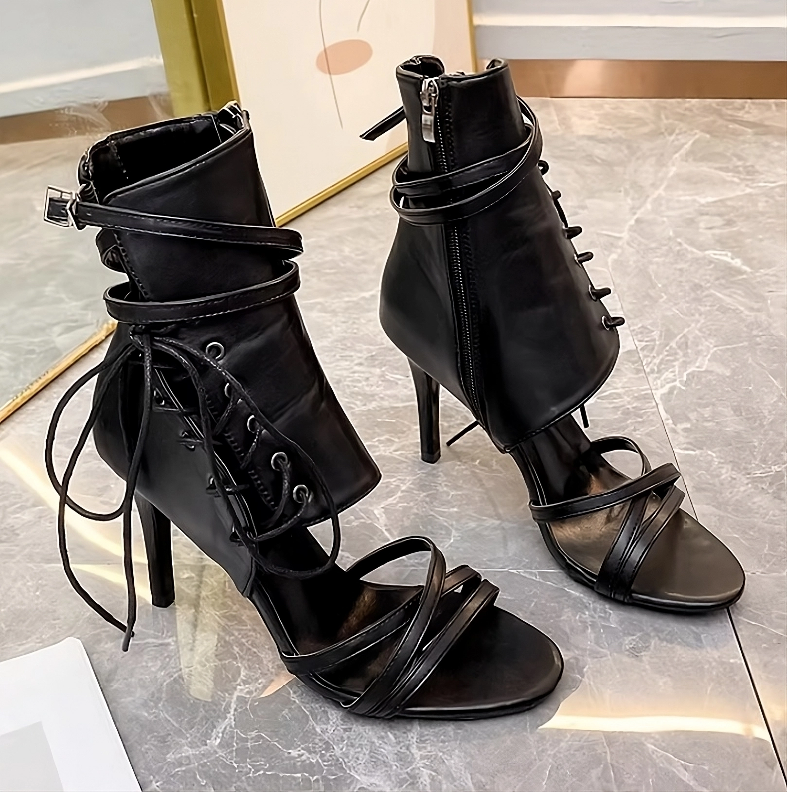 【THEAIRTOWN】Stiletto Lace-up Hill ★韓国人気★追跡可能★ rhinestone tie up strappy stiletto heel shoe – RK