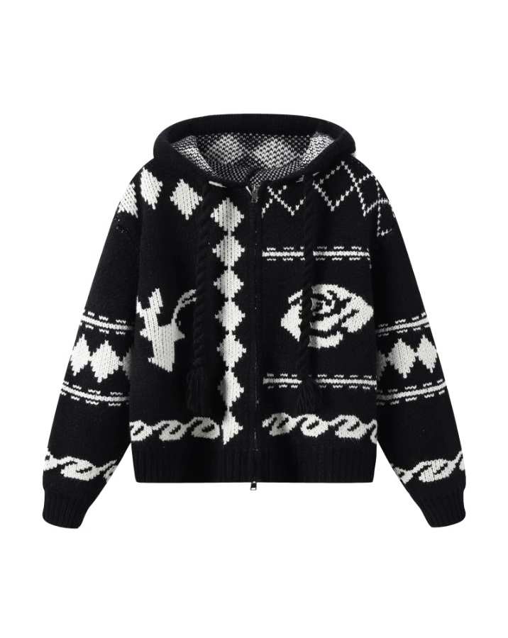 Black Patterned Hooded Knit Jacket | Karina - Aespa - Fashion Chingu