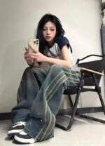 MILLO ARCHIVE☆aespa着用Curved Damage Wide Jeans(3color) Pistola Lana Ultra High Rise Wide Crop Jeans: Palladium – Bliss