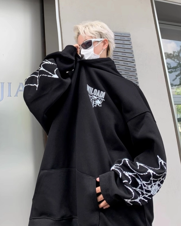 Black Spider Web Printed Hoodie | Felix - Stray Kids