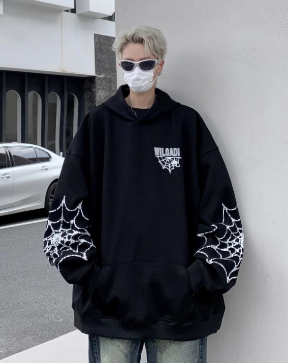 Black Spider Web Printed Hoodie | Felix - Stray Kids - Fashion Chingu