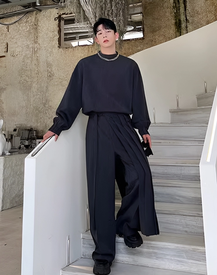 韓国商品/POETO Silling pants skirt set Chiffon Skirt Pants, Women's Cropped Pants, wide leg Pants