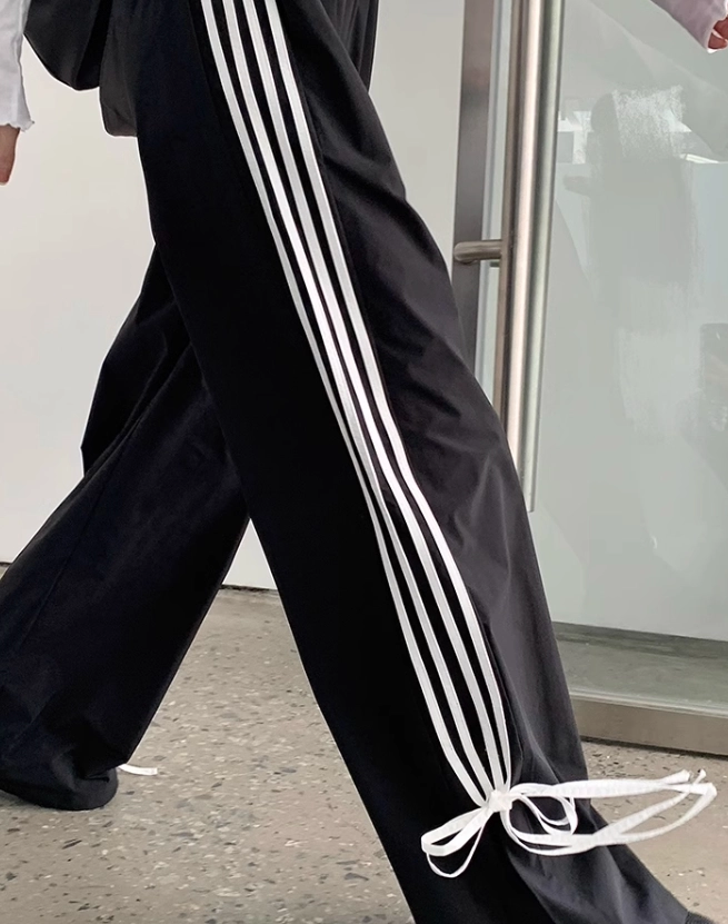Black Side Bow Stripes Casual Pants | Kazuha - Le Sserafim