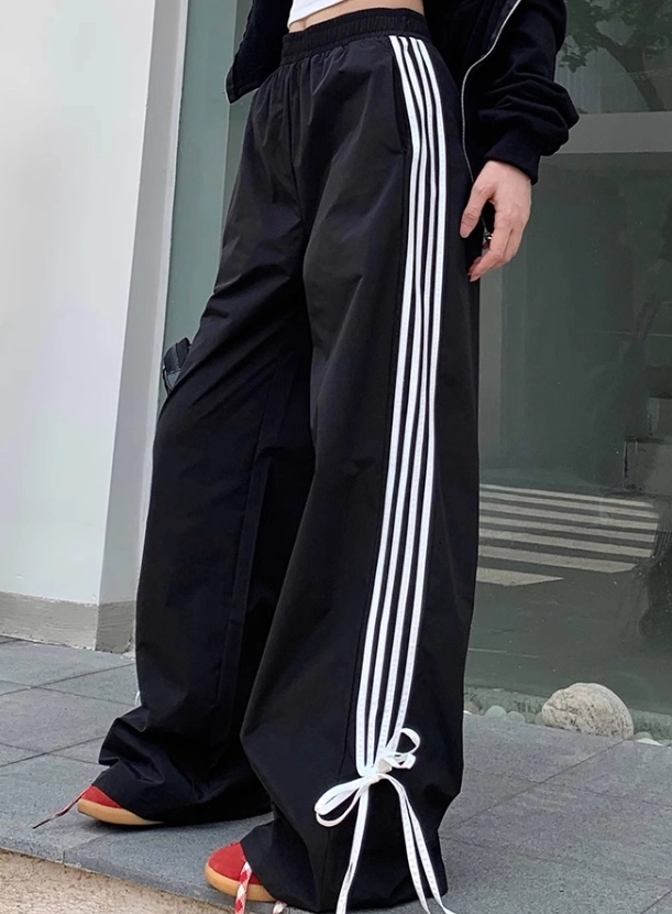 Black Side Bow Stripes Casual Pants | Kazuha - Le Sserafim