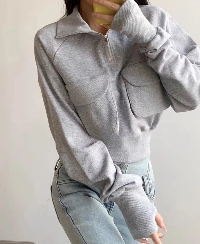 [COYSEIO]24FW★韓国ヘアピン★UNBALANCE SHIRRING TOP GREY Grey Half-Zip Collared Sweatshirt | Lisa - BlackPink
