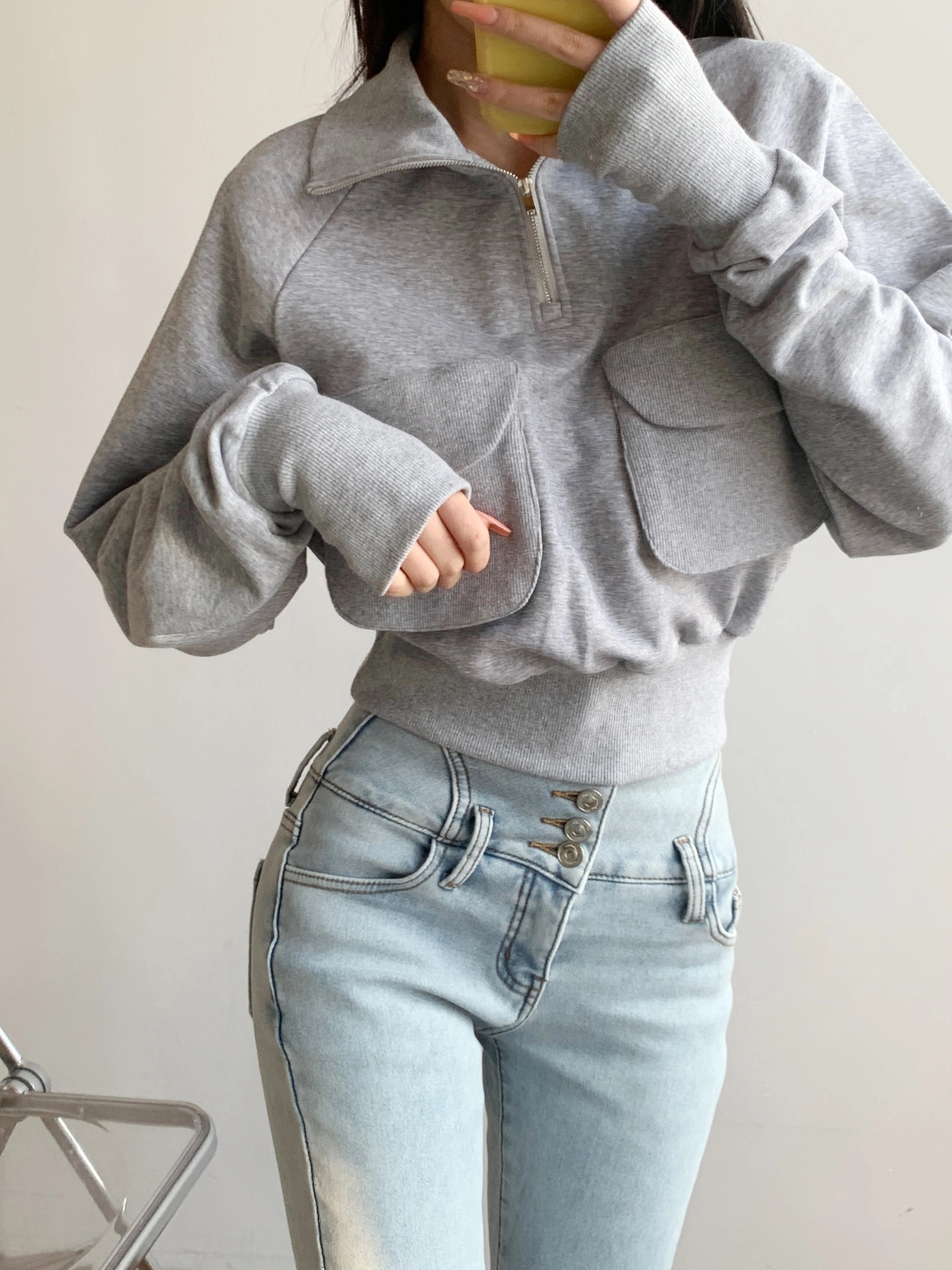Grey Half-Zip Collared Sweatshirt | Lisa - BlackPink