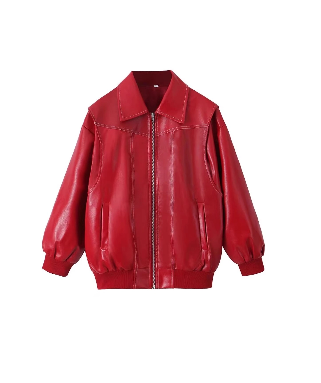 Red Faux Leather Collared Bomber Jacket Jennie BlackPink