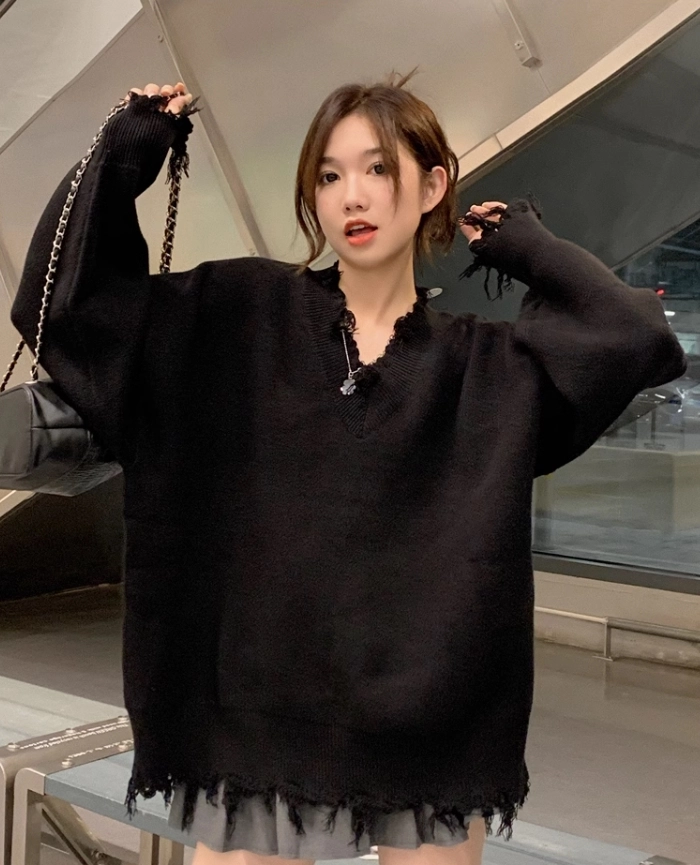 Black Raw Edge Distressed Sweater Taehyung BTS Fashion Chingu