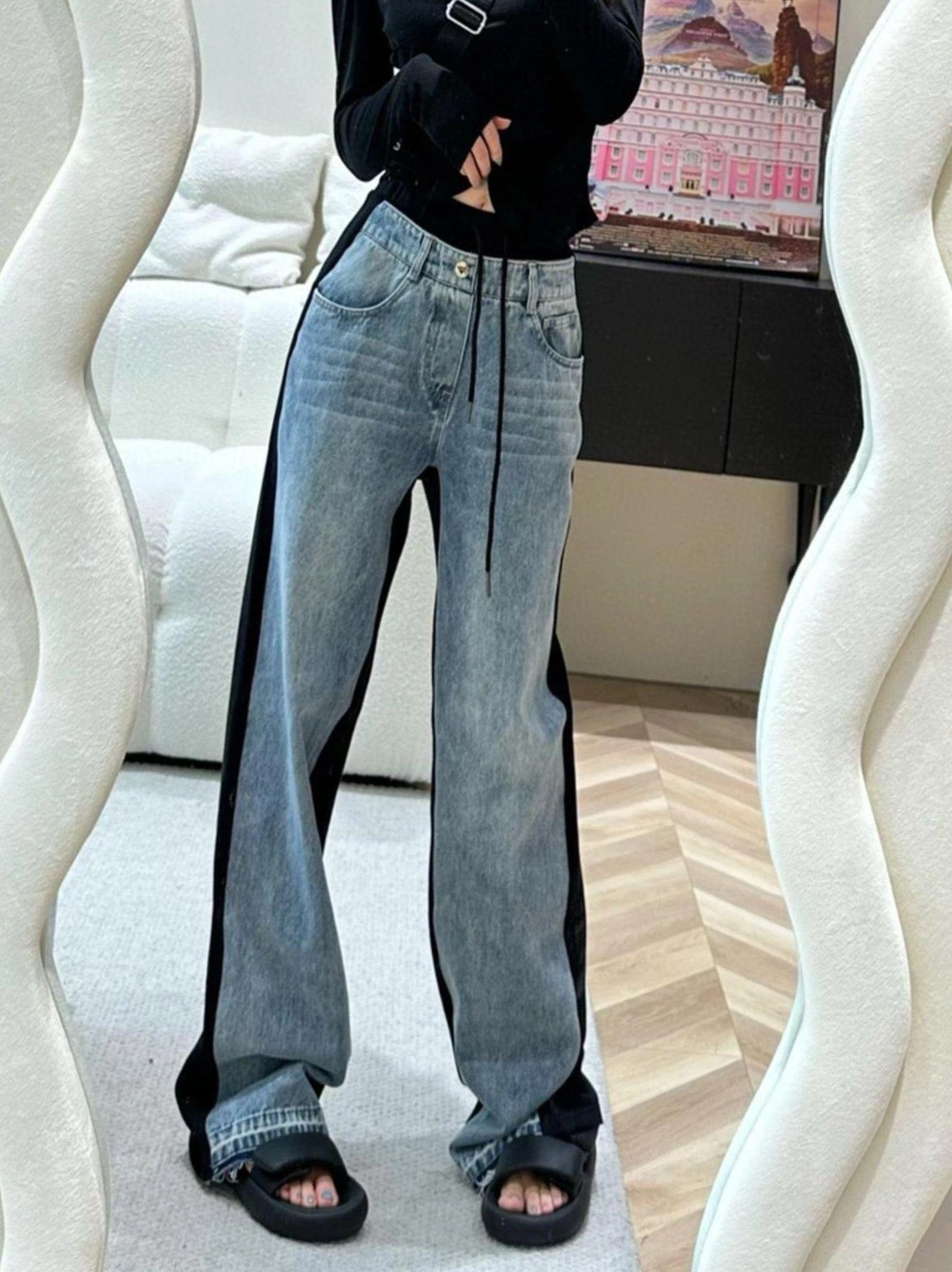 RUKA  Blue And Black Spliced Jeans | Ruka - BabyMonster - Fashion