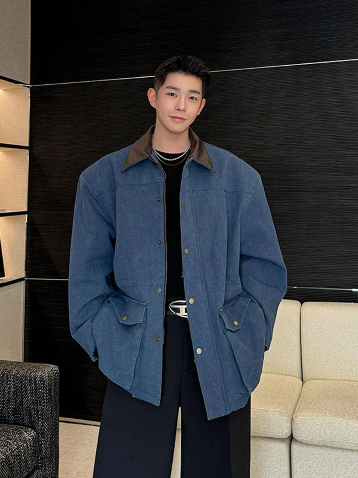 Blue Jacket With Black Collar | Baek Hyun Woo - Queen Of