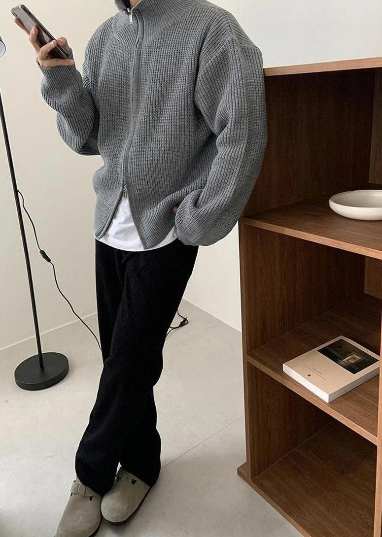 Grey Double Zipper Knitted Jacket | DK - Seventeen - Fashion