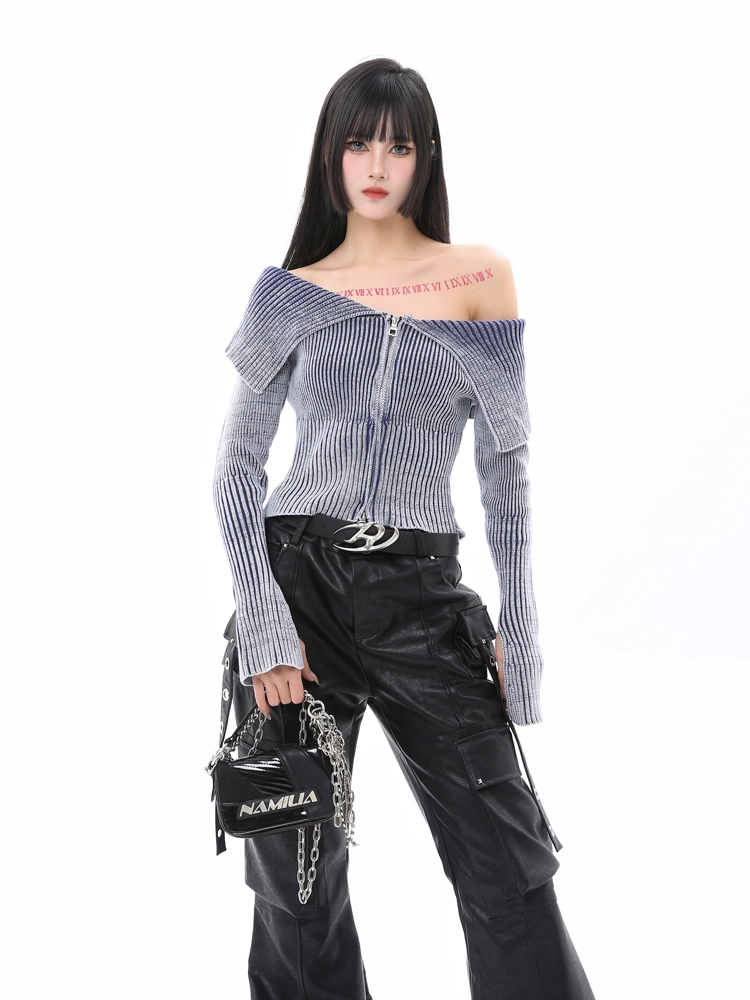 Blue Off-Shoulders Ribbed Top | Jennie - BlackPink - Fashion