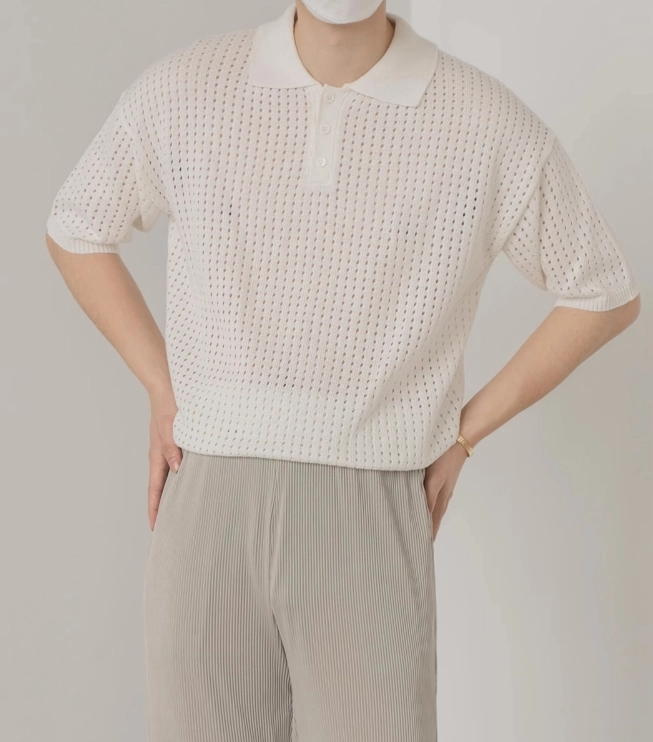 White See-Through Knit Polo Shirt | Xiumin - EXO - Fashion