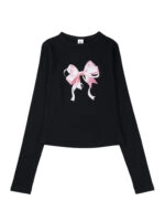 Black Ribbon Print Long Sleeve T-Shirt | Ningning - Aespa