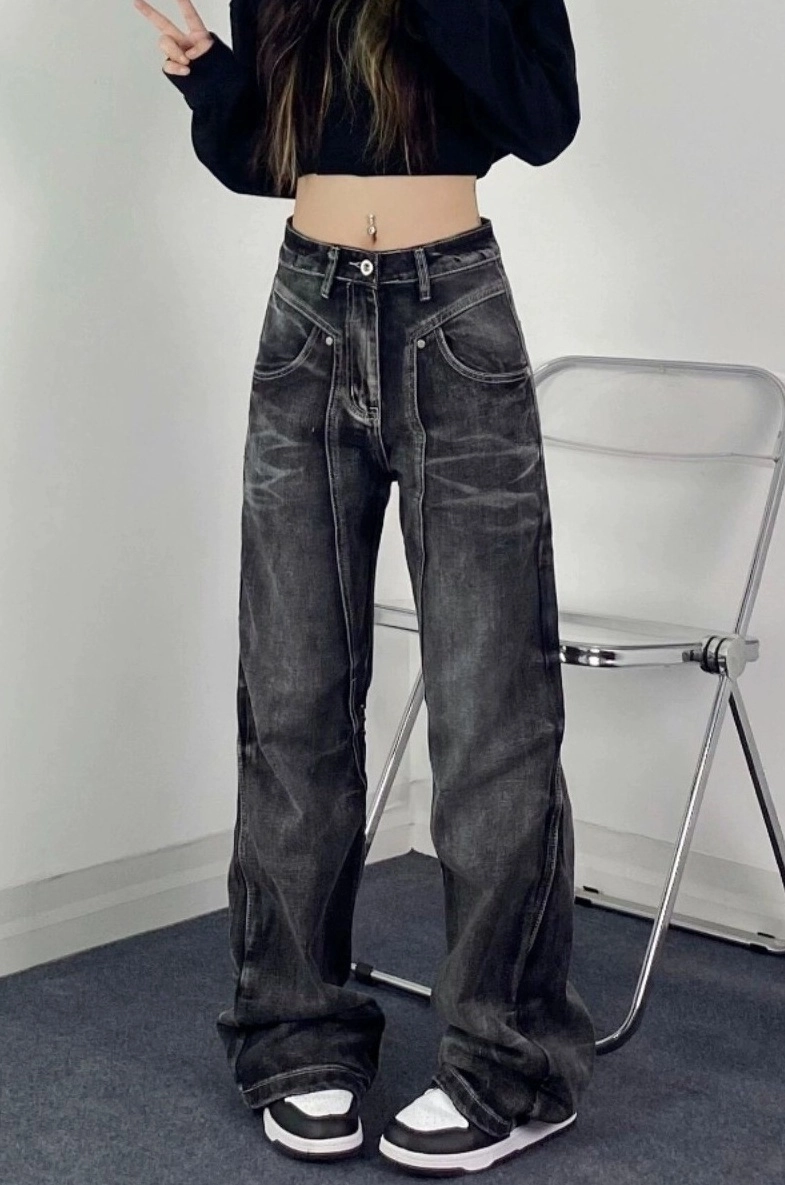 ★AESPA KARINA 着用★ ROCKCAKE Dixy Low Rise Wide Jeans Black Splicing Deconstructed Jeans | Karina - Aespa