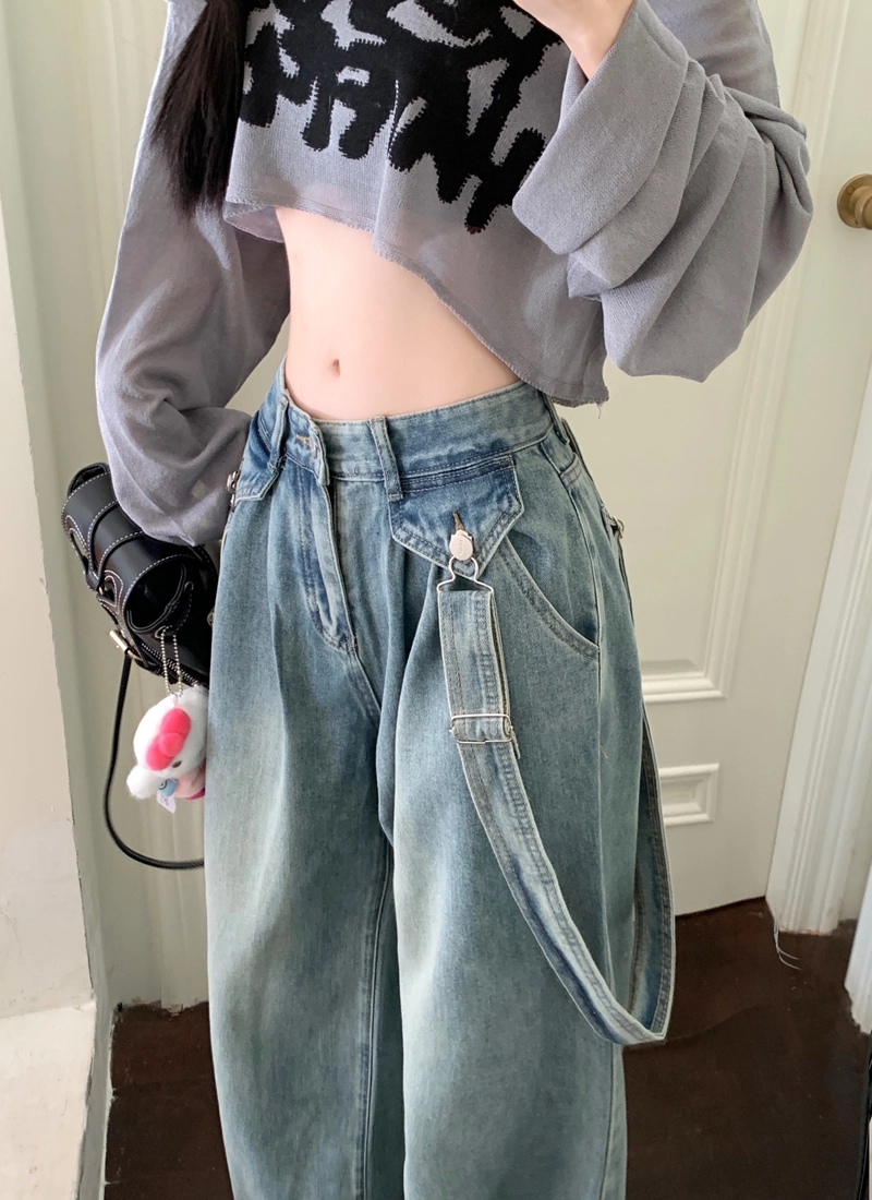 Blue Straight Cut Denim Jeans With Suspenders | Yeji - ITZY