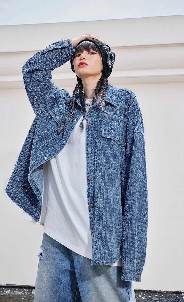 Blue Tweed Button Up Shirt | Joshua - Seventeen - Fashion Chingu