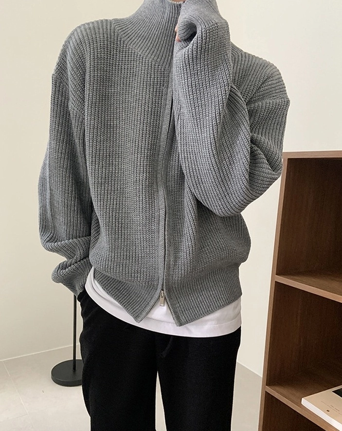 Grey Ribbed Zip-Up Cardigan | Sunghoon - Enhypen - Fashion