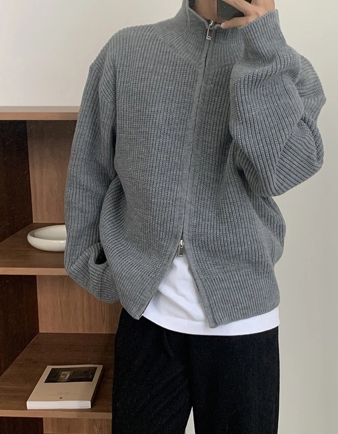 Grey Ribbed Zip-Up Cardigan | Sunghoon - Enhypen - Fashion