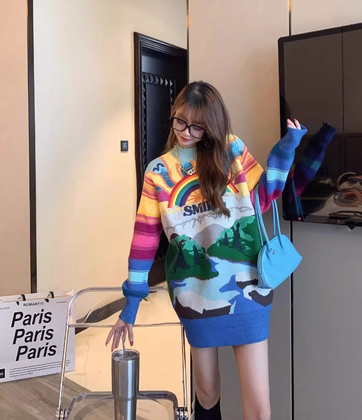 [GRAVER]★HUMAN RAINBOW SMILE SWEATSHIRT Rainbow-Crewneck-Light-Pink-