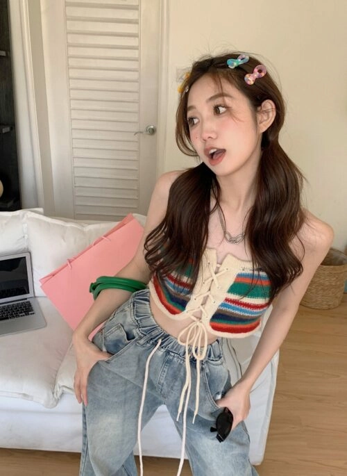 Black Front-Slit Striped Top | Winter - Aespa - Fashion Chingu