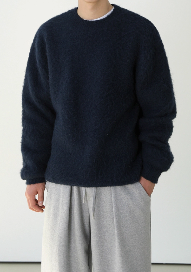 Navy Blue Plush Crew Neck Sweater | Mingyu - Seventeen - Fashion
