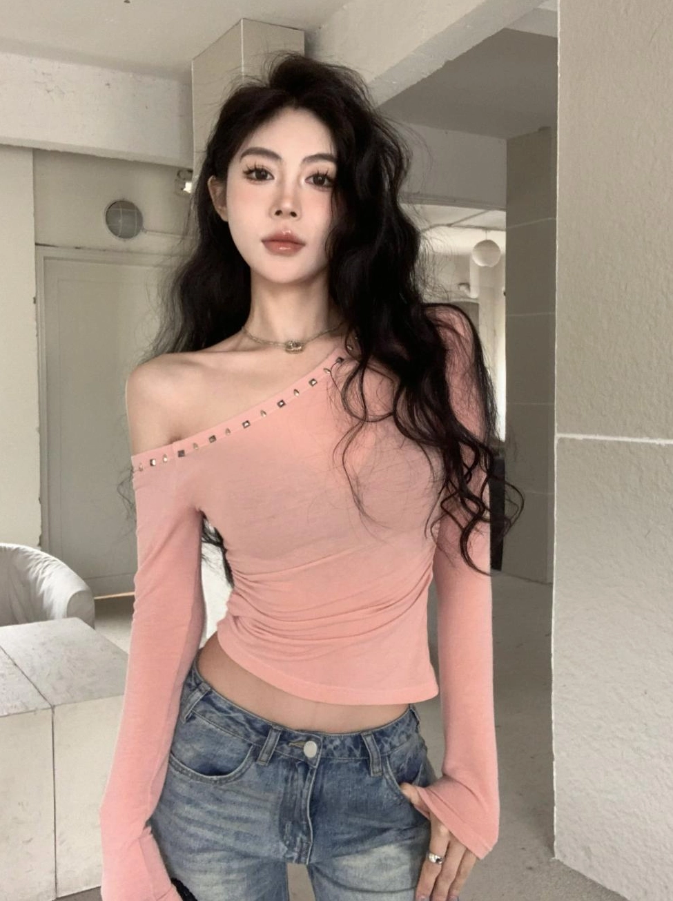 トップス yuna Pink Asymmetrical Long Sleeve Top | Yuna - ITZY - Fashion Chingu