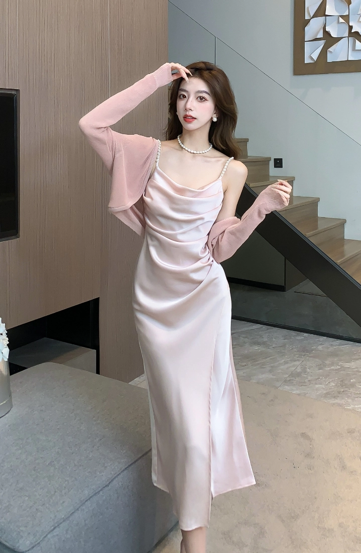 Pink Cowl Neckline Satin Dress | Karina - Aespa - Fashion Chingu