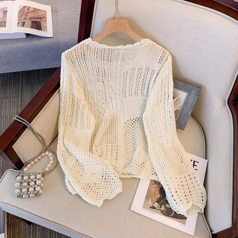 Beige Multi-Pattern Hollow Knitted Sweater | LeeKnow