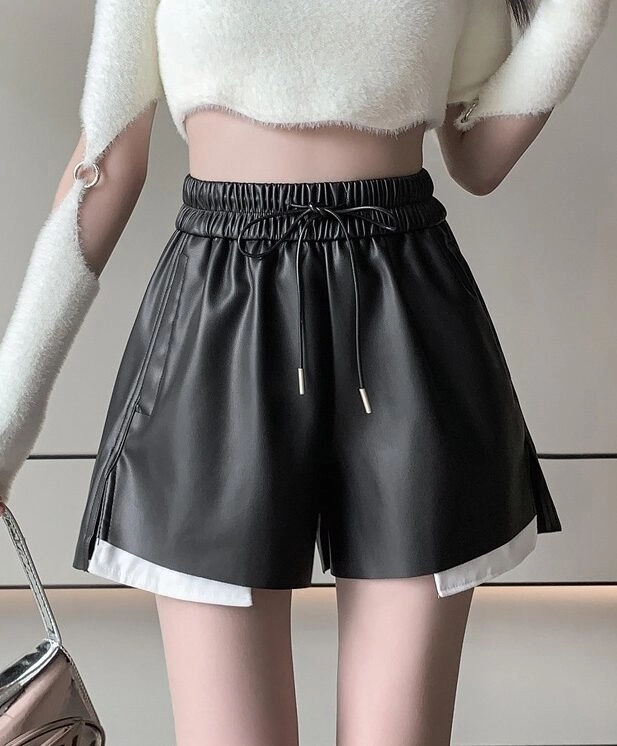 Black White Edge Faux Leather Shorts | Karina - Aespa